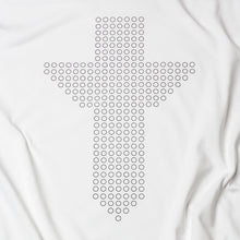 Load image into Gallery viewer, Close up view of black Christian cross consisting of circles on a white t shirt