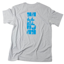 Load image into Gallery viewer, Hallelujah printed in blue on back of gray Christian t shirt.
