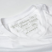 Load image into Gallery viewer, Close up of 25 Forty Christian t shirt tag printed in gray on white tee
