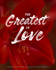 "The Greatest is Love " and "And now these three remain: faith, hope and love. But the greatest of these is love." 1 Corinthians 13:13 on red single flower background.