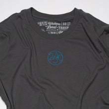 Load image into Gallery viewer, Close up of circle with 2, 5, 4 and 0 in the middle printed in blue on a dark gray t-shirt with Christian scripture Matthew 25:40 printed as the tag