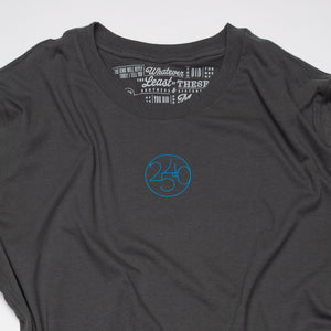 Close up of circle with 2, 5, 4 and 0 in the middle printed in blue on a dark gray t-shirt with Christian scripture Matthew 25:40 printed as the tag