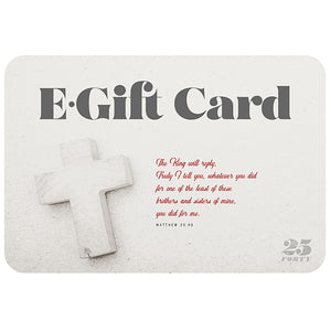 Christian gift card from 25 Forty with cross background and Matthew 25:40 in red