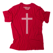 Load image into Gallery viewer, White Christian Cross with 3 vertical and 3 horizontal lines on red t shirt with Matthew 25:40 printed as the tag.