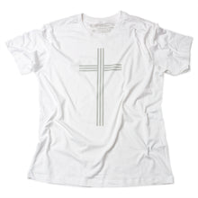 Load image into Gallery viewer, Simple, elegant and linear Christian cross in gray on white t shirt