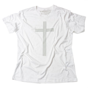 Simple, elegant and linear Christian cross in gray on white t shirt