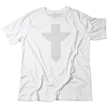 Load image into Gallery viewer, White t shirt with black Christian cross consisting of 266 small circles with a point at the bottom