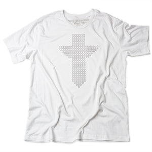 White t shirt with black Christian cross consisting of 266 small circles with a point at the bottom