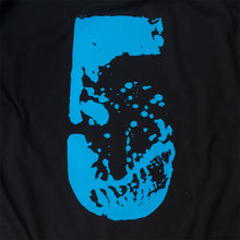 Load image into Gallery viewer, Close up of large, distressed 5 printed in blue on black.