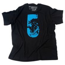 Load image into Gallery viewer, Black t shirt with aqua blue distressed 5 printed very large on front