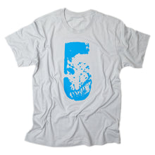 Load image into Gallery viewer, Light gray t-shirt with large distressed number 5 in bright blue shot on white background in studio