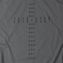 Load image into Gallery viewer, Close up of Simple Palladian style Christian Cross of circles printed in black on dark gray t shirt