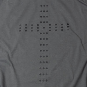 Close up of Simple Palladian style Christian Cross of circles printed in black on dark gray t shirt