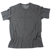 Load image into Gallery viewer, Simple Palladian style Christian Cross of circles printed in black on dark gray t shirt