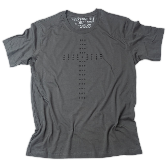 Simple Palladian style Christian Cross of circles printed in black on dark gray t shirt
