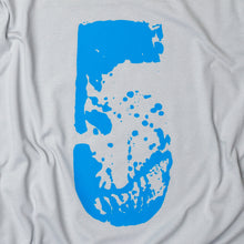 Load image into Gallery viewer, Close up of light gray t shirt with large distressed number 5 in light blue photographed on white background in studio