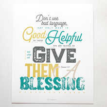 Load image into Gallery viewer, Typographic Ephesians 4:29 printed in mustard, aqua and warm gray on fine art paper.