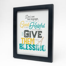 Load image into Gallery viewer, Ephesians 4:29 printed in mustard, aqua and warm gray on fine art paper.