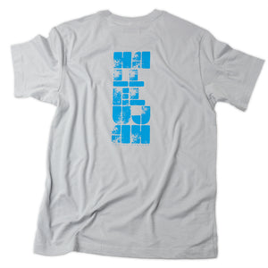 Hallelujah printed in blue on back of gray Christian t shirt.
