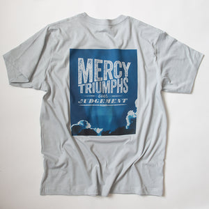 James 2:13, Mercy triumphs over judgement, on blue sky photo on light grey t shirt
