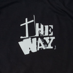 Close up of Black Christian t shirt with "The Way" from John 14:6 printed in white