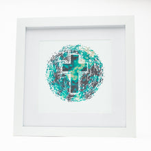 Load image into Gallery viewer, Abstract of the world with Christian cross with bokeh on white fine art paper in white frame