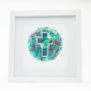 Abstract of the world with Christian cross with bokeh on white fine art paper in white frame