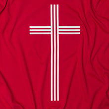 Load image into Gallery viewer, Close up of White Christian Cross with 3 vertical and 3 horizontal lines on red t shirt 