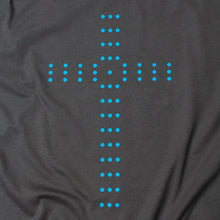 Load image into Gallery viewer, Close up of Charcoal t shirt with light blue cross made of circles