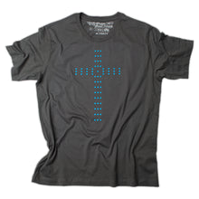 Load image into Gallery viewer, Charcoal t shirt with light blue cross made of circles and Matthew 25:40 printed as the tag.