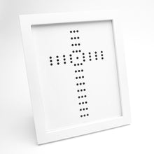 Load image into Gallery viewer, Palladian style black cross of circles on white glossy fine art paper in white frame