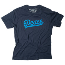 Load image into Gallery viewer, Navy blue t shirt with &quot;Peace be with you&quot;  in light blue on the front