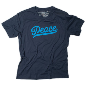 Navy blue t shirt with "Peace be with you"  in light blue on the front