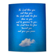 Load image into Gallery viewer, Metallic print of Numbers 6:24-26 in white handwritten script on blue sky background with one cloud