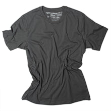 Load image into Gallery viewer, Matthew 25:40 printed as the tag on a charcoal gray t shirt