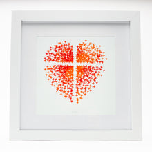 Load image into Gallery viewer, Orange and red heart made up of crosses with a cross in the middle on art paper in white frame